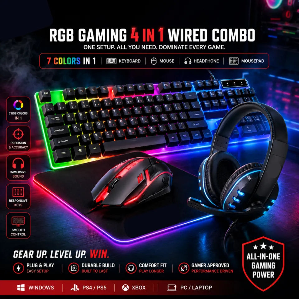 RGB Gaming Keyboard & Mouse & Headphone & Mousepad & Headphone Stand - 4 in 1 RGB Gaming Wired Combo - 7 RGB Colors In Combo - 5 Product USB Wired RGB Pack For Gaming - Compatible With PC & Laptop - Black