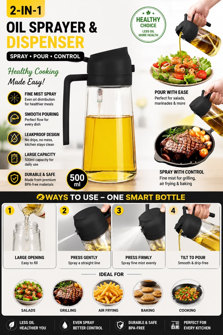 2-in-1 Glass Oil Spray Bottle – Healthy Cooking Mist Sprayer