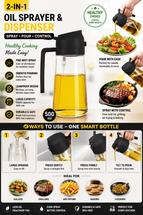 2-in-1 Glass Oil Spray Bottle – Healthy Cooking Mist Sprayer